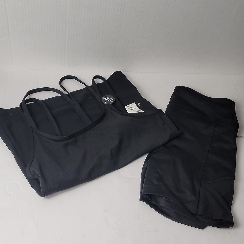 PINK ACTIVE Brami Black Strappy Camisole and Bike SHORTS Set NEW